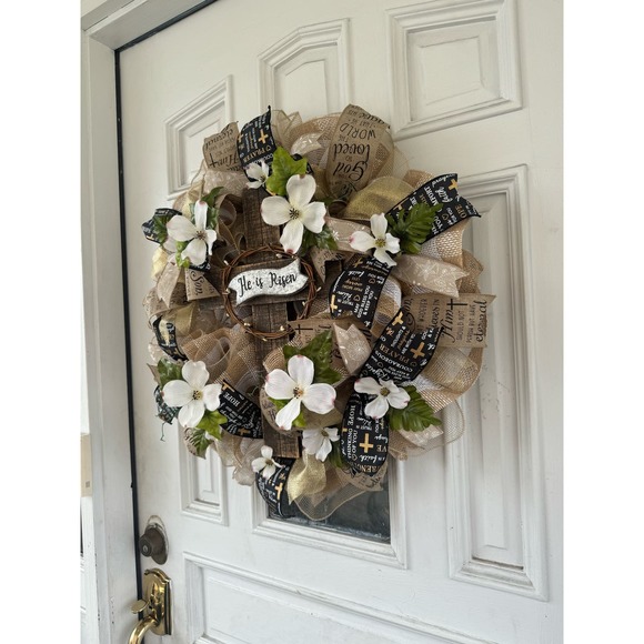 He is Risen Cross Religious Easter Dogwood Flowers Deco Mesh & Ribbon Wreath - Picture 8 of 9